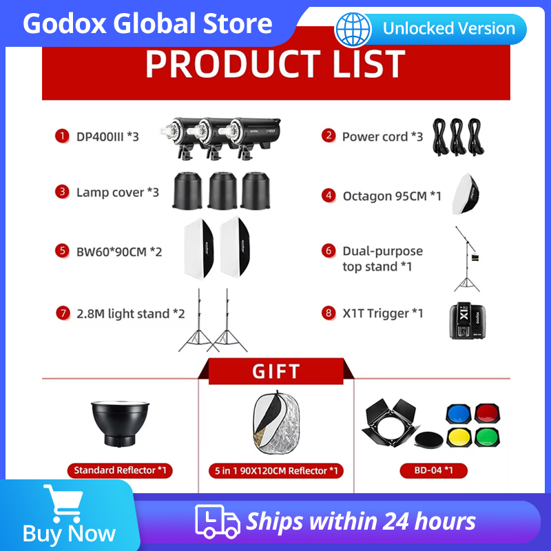 Photography Lighting Kit Godox - 1200W Godox DP400III DP400III-V 3x400Ws Iluminação